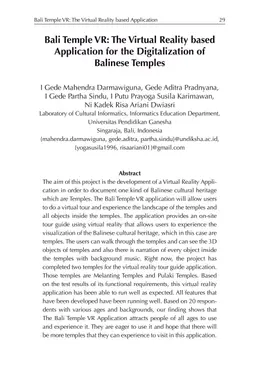 Bali Temple VR: The Virtual Reality based Application for the
  Digitalization of Balinese Temples