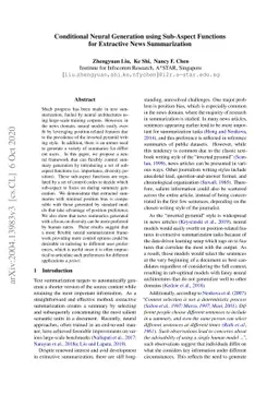 Conditional Neural Generation using Sub-Aspect Functions for Extractive
  News Summarization