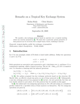 Remarks on a Tropical Key Exchange System