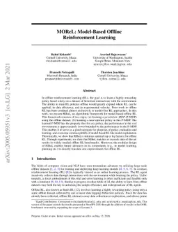 MOReL : Model-Based Offline Reinforcement Learning