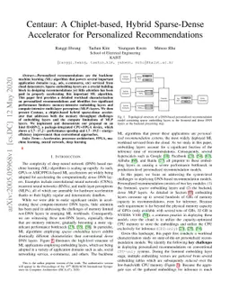 Centaur: A Chiplet-based, Hybrid Sparse-Dense Accelerator for
  Personalized Recommendations