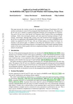 ApplicaAI at SemEval-2020 Task 11: On RoBERTa-CRF, Span CLS and Whether
  Self-Training Helps Them