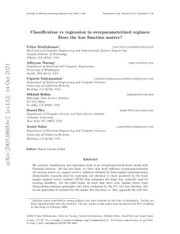 Classification vs regression in overparameterized regimes: Does the loss
  function matter?