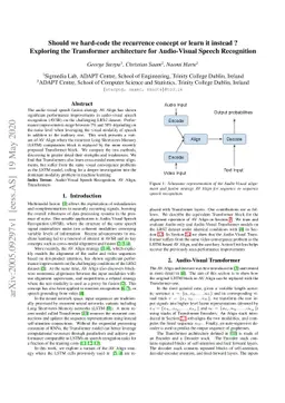 Should we hard-code the recurrence concept or learn it instead ?
  Exploring the Transformer architecture for Audio-Visual Speech Recognition