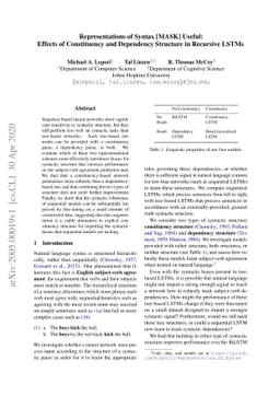 Representations of Syntax [MASK] Useful: Effects of Constituency and
  Dependency Structure in Recursive LSTMs