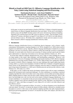 Hitachi at SemEval-2020 Task 12: Offensive Language Identification with
  Noisy Labels using Statistical Sampling and Post-Processing