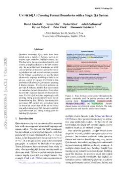 UnifiedQA: Crossing Format Boundaries With a Single QA System