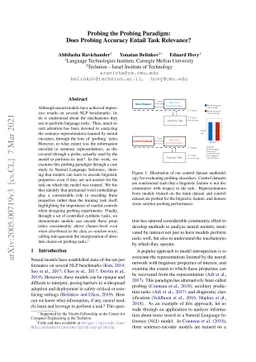 Probing the Probing Paradigm: Does Probing Accuracy Entail Task
  Relevance?