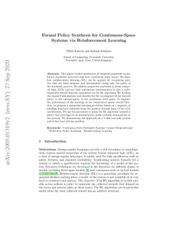 Formal Policy Synthesis for Continuous-Space Systems via Reinforcement
  Learning