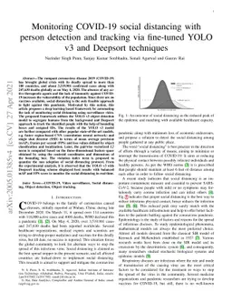 Monitoring COVID-19 social distancing with person detection and tracking
  via fine-tuned YOLO v3 and Deepsort techniques