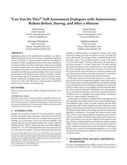 "Can you do this?" Self-Assessment Dialogues with Autonomous Robots
  Before, During, and After a Mission