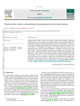 Pseudo-healthy synthesis with pathology disentanglement and adversarial
  learning