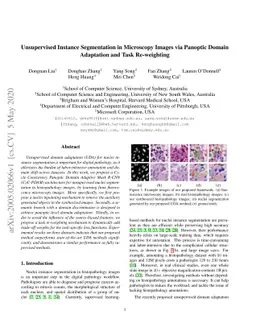 Unsupervised Instance Segmentation in Microscopy Images via Panoptic
  Domain Adaptation and Task Re-weighting