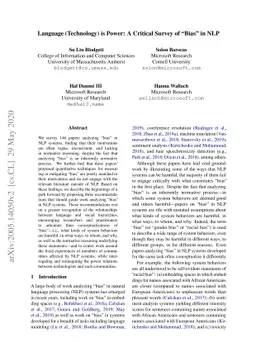 Language (Technology) is Power: A Critical Survey of "Bias" in NLP