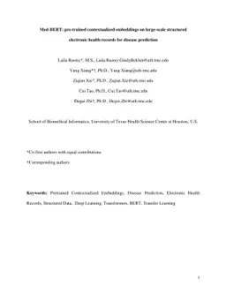 Med-BERT: pre-trained contextualized embeddings on large-scale
  structured electronic health records for disease prediction