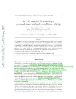 An ASP approach for reasoning in a concept-aware multipreferential
  lightweight DL
