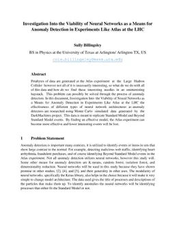 Investigation Into the Viability of Neural Networks as a Means for
  Anomaly Detection in Experiments Like Atlas at the LHC
