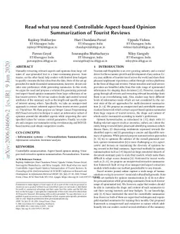 Read what you need: Controllable Aspect-based Opinion Summarization of
  Tourist Reviews