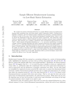 Sample Efficient Reinforcement Learning via Low-Rank Matrix Estimation
