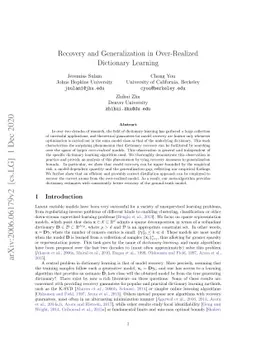 Recovery and Generalization in Over-Realized Dictionary Learning
