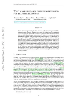 What makes instance discrimination good for transfer learning?