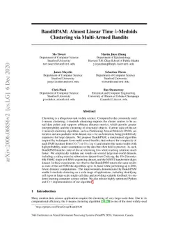 BanditPAM: Almost Linear Time $k$-Medoids Clustering via Multi-Armed
  Bandits
