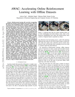 AWAC: Accelerating Online Reinforcement Learning with Offline Datasets
