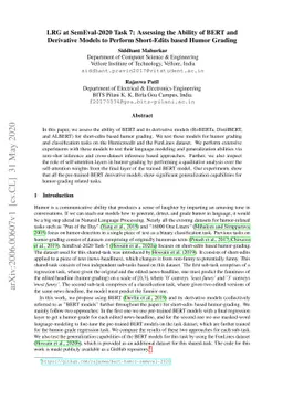 LRG at SemEval-2020 Task 7: Assessing the Ability of BERT and Derivative
  Models to Perform Short-Edits based Humor Grading