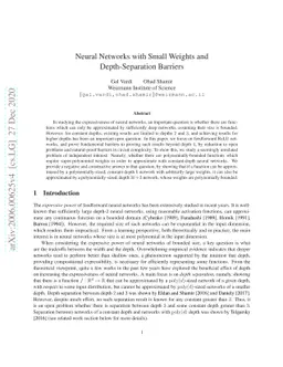 Neural Networks with Small Weights and Depth-Separation Barriers