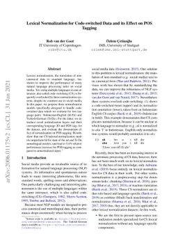 Lexical Normalization for Code-switched Data and its Effect on
  POS-tagging