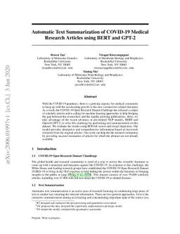 Automatic Text Summarization of COVID-19 Medical Research Articles using
  BERT and GPT-2