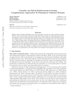 Causality and Batch Reinforcement Learning: Complementary Approaches To
  Planning In Unknown Domains