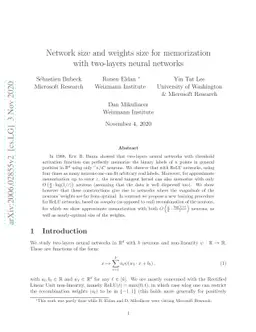 Network size and weights size for memorization with two-layers neural
  networks