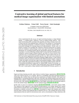 Contrastive learning of global and local features for medical image
  segmentation with limited annotations