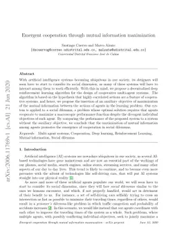 Emergent cooperation through mutual information maximization