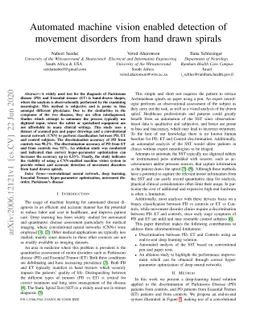 Automated machine vision enabled detection of movement disorders from
  hand drawn spirals