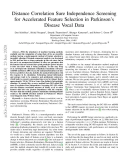 Distance Correlation Sure Independence Screening for Accelerated Feature
  Selection in Parkinson's Disease Vocal Data