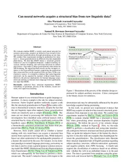 Can neural networks acquire a structural bias from raw linguistic data?