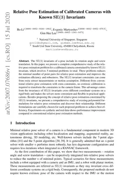 Relative Pose Estimation of Calibrated Cameras with Known
  $\mathrm{SE}(3)$ Invariants