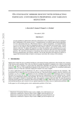 On stochastic mirror descent with interacting particles: convergence
  properties and variance reduction