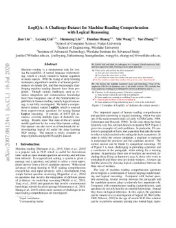 LogiQA: A Challenge Dataset for Machine Reading Comprehension with
  Logical Reasoning