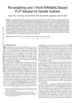 Re-weighting and 1-Point RANSAC-Based PnP Solution to Handle Outliers