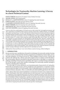 Technologies for Trustworthy Machine Learning: A Survey in a
  Socio-Technical Context