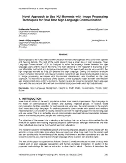 Novel Approach to Use HU Moments with Image Processing Techniques for
  Real Time Sign Language Communication