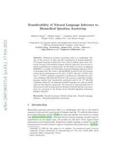 Transferability of Natural Language Inference to Biomedical Question
  Answering