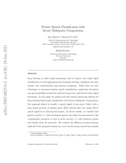 Private Speech Classification with Secure Multiparty Computation