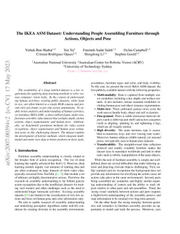 The IKEA ASM Dataset: Understanding People Assembling Furniture through
  Actions, Objects and Pose