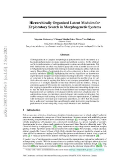 Hierarchically Organized Latent Modules for Exploratory Search in
  Morphogenetic Systems