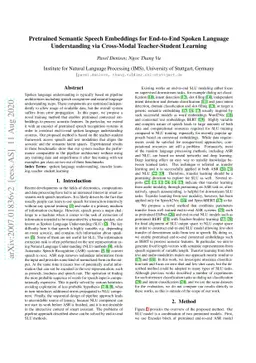 Pretrained Semantic Speech Embeddings for End-to-End Spoken Language
  Understanding via Cross-Modal Teacher-Student Learning