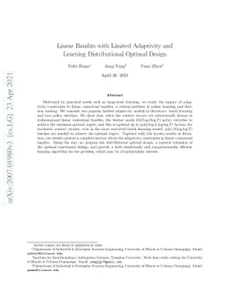 Linear Bandits with Limited Adaptivity and Learning Distributional
  Optimal Design